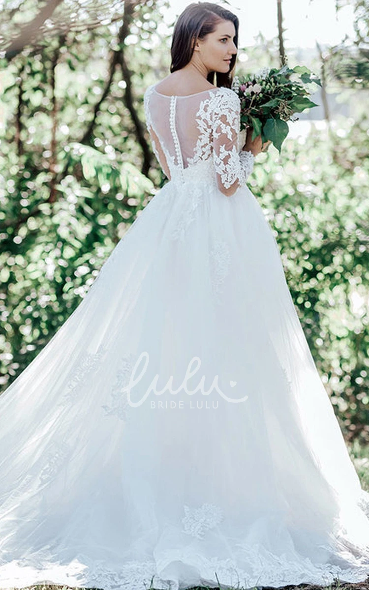 Lace Tulle Ball Gown Wedding Dress with Bateau Neckline and Court Train Ethereal and Classy
