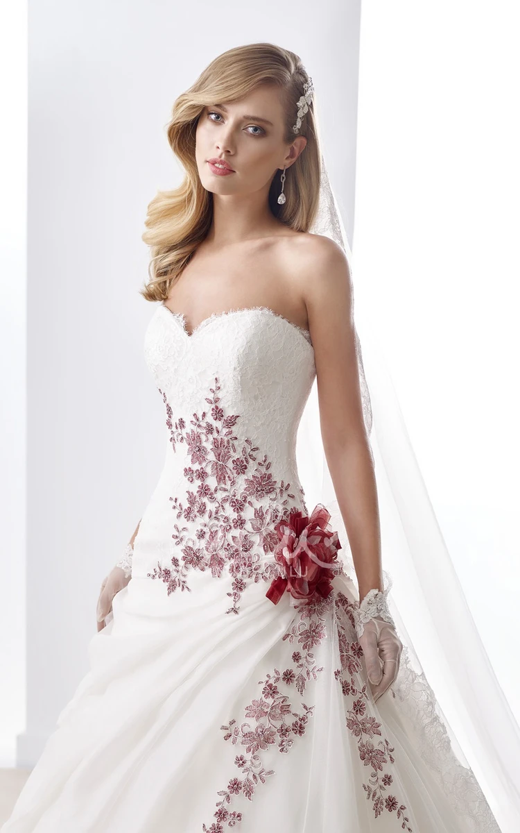 A-Line Sweetheart Wedding Dress with Floral Appliques and Side Draping Ruffles Unique Bridal Gown