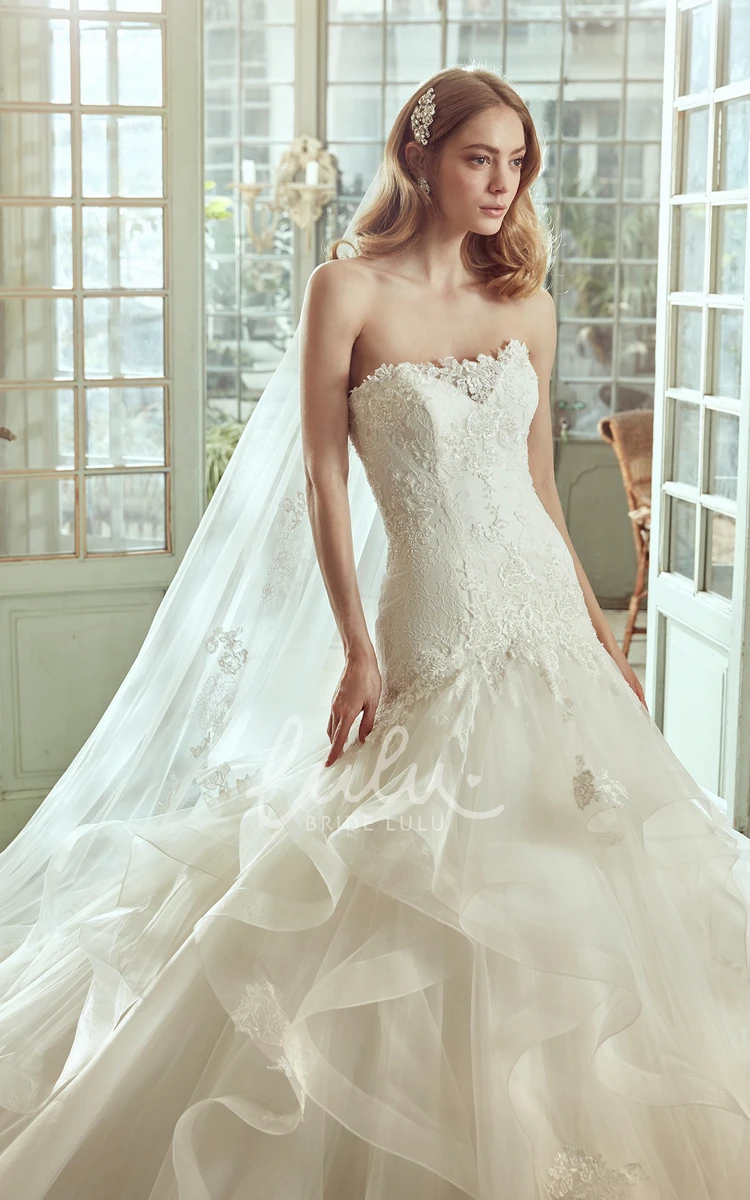 Cascading Ruffles Strapless Wedding Dress with Lace Corset Unique Bridal Gown
