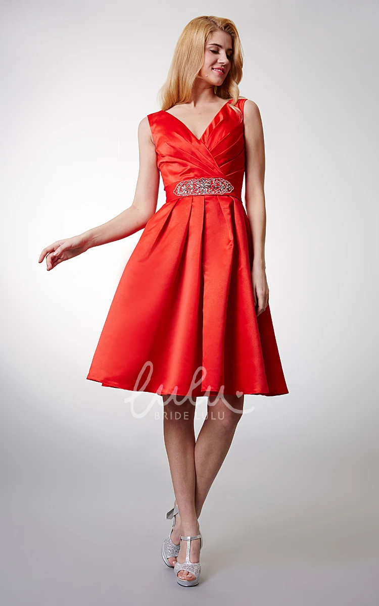 Knee-Length Satin Dress with A-Line Silhouette and Shiny Sash Detail