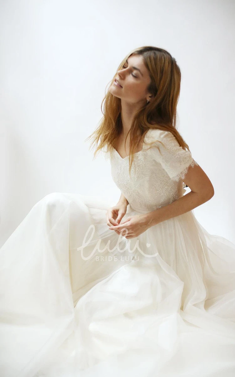 A-Line Tulle Wedding Dress with Lace Bodice and Short Sleeves