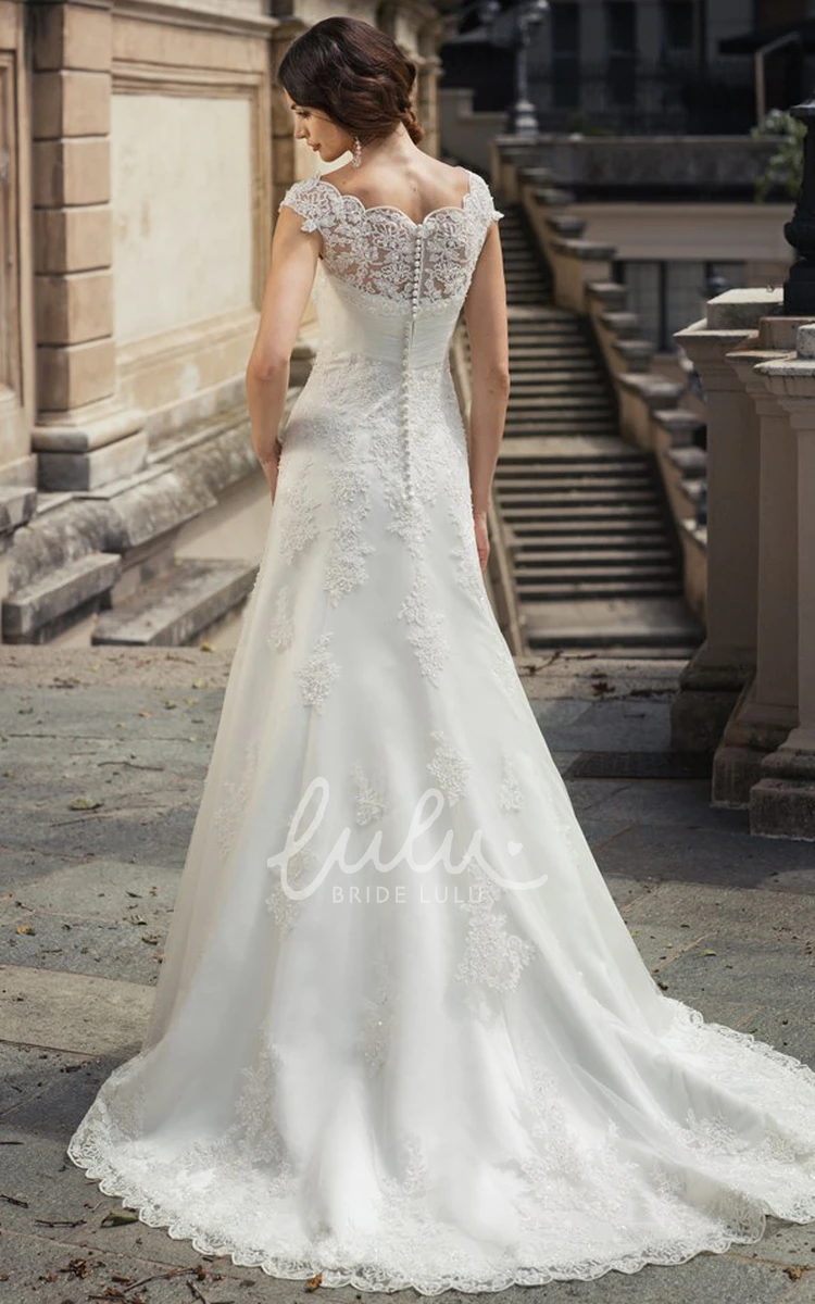 Cap-Sleeve Sheath Lace Wedding Dress with Waist Jewelry Bateau-Neck & Long