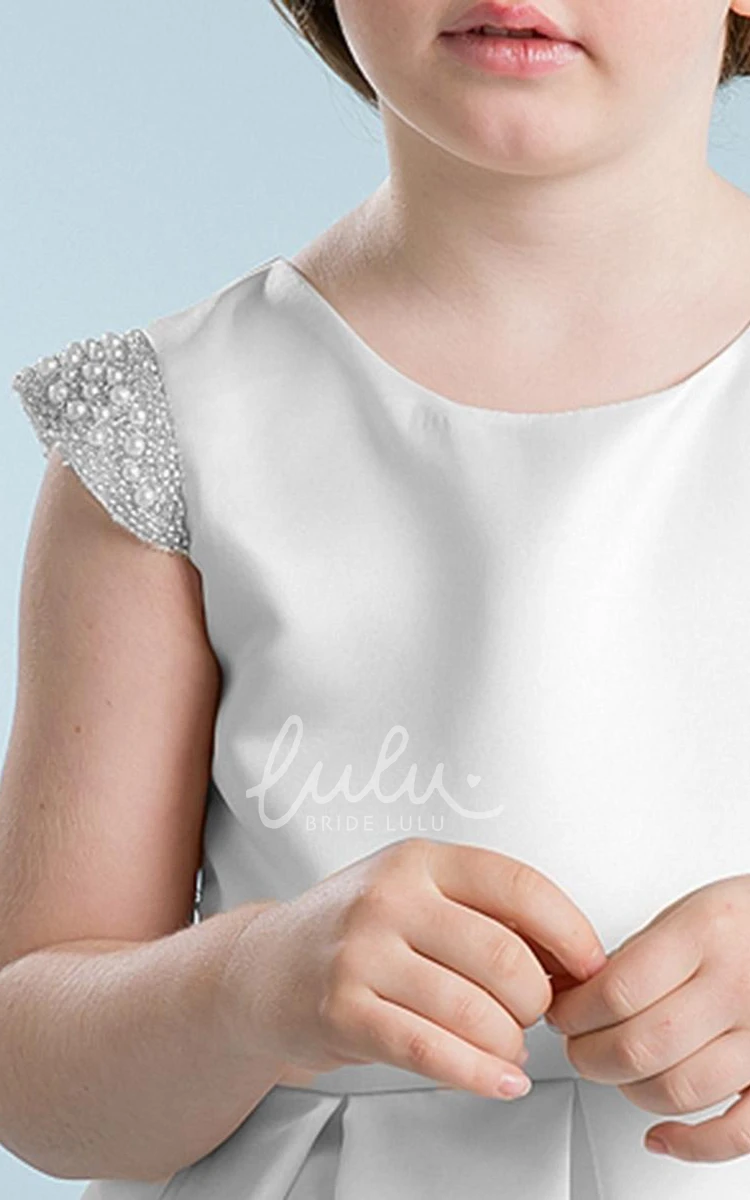 Pleated Cap-Sleeve Satin Tea-Length Flower Girl Dress with Elegant Design