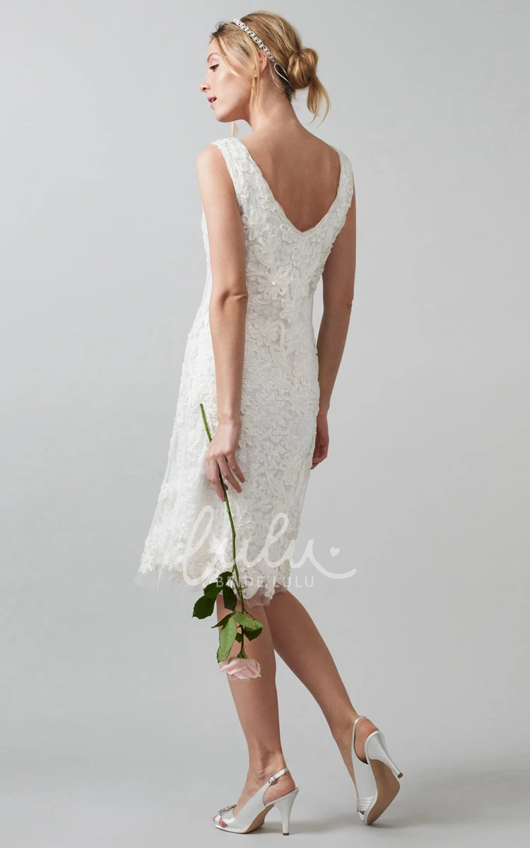 Lace Wedding Dress with V Back Appliqued Midi V-Neck