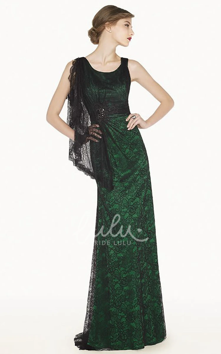 Allover Lace Sheath Prom Dress with Side Shoulder Drape Long Scoop Neck