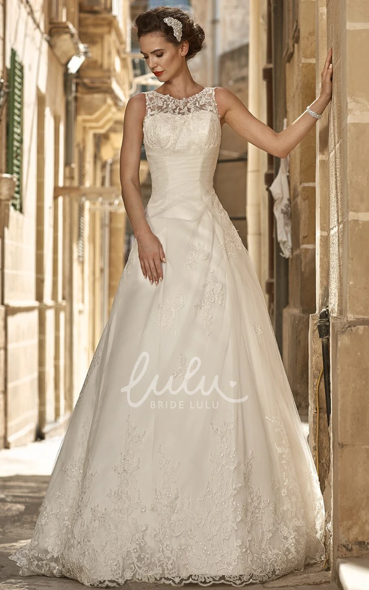 Long Sleeveless Satin&Lace Wedding Dress with Beading and Scoop-Neck Modern Wedding Dress
