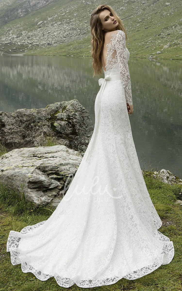 Lace Low V Back Long Sleeve Sheath Wedding Dress with Crystal Detailing