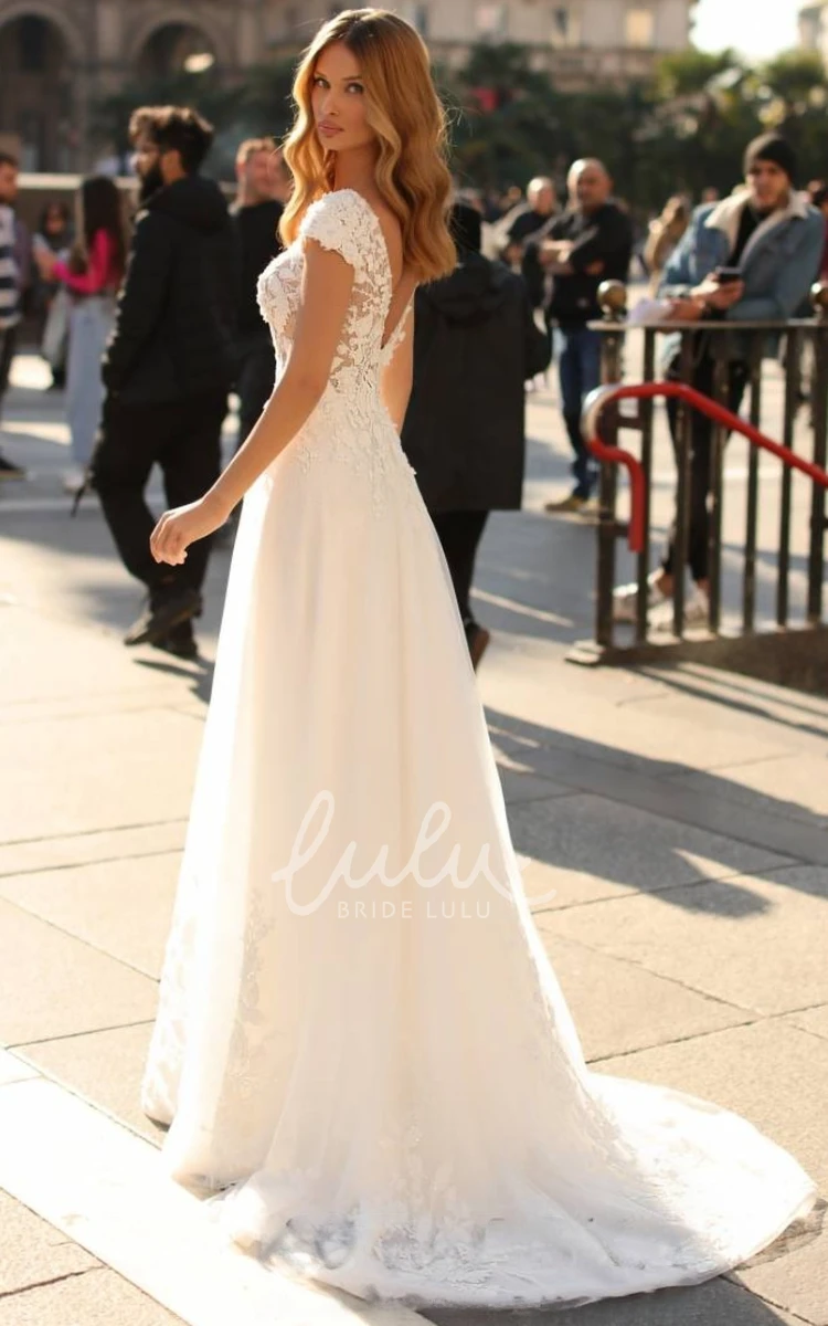 Modest Deep-V Back Cap Sleeve Tulle Country Wedding Dress with Sweep Train