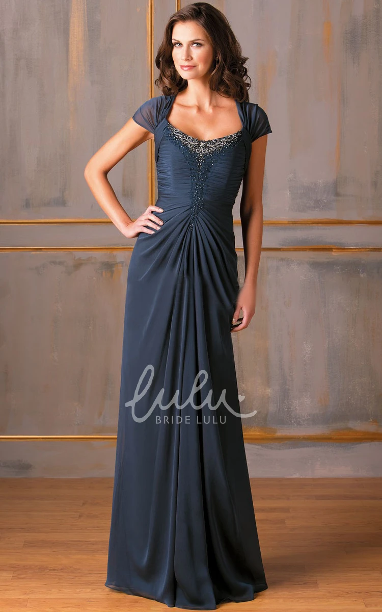 Long Mother Of The Bride Dress with Beadings and Ruches Cap-Sleeved Square-Neck