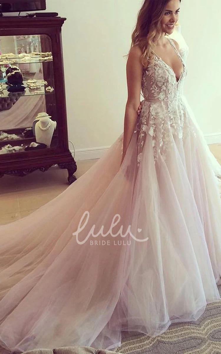 V-Neck Tulle Formal Dress with Appliques Sexy and Sleeveless