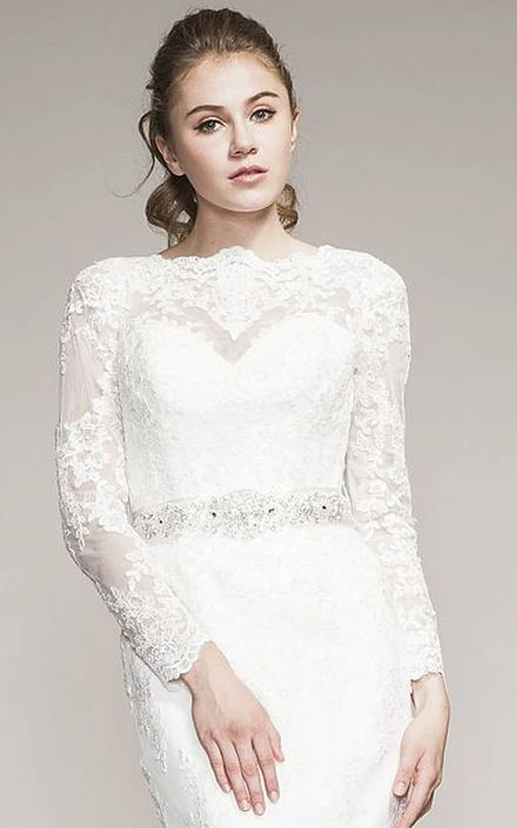 High Neck Lace Mermaid Wedding Dress with Appliques Waist Jewelry and Bow