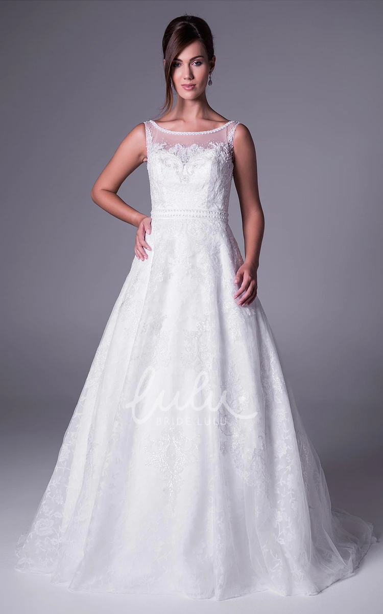 Bateau-Neck Lace Long Wedding Dress with Appliques and Waist Jewelry