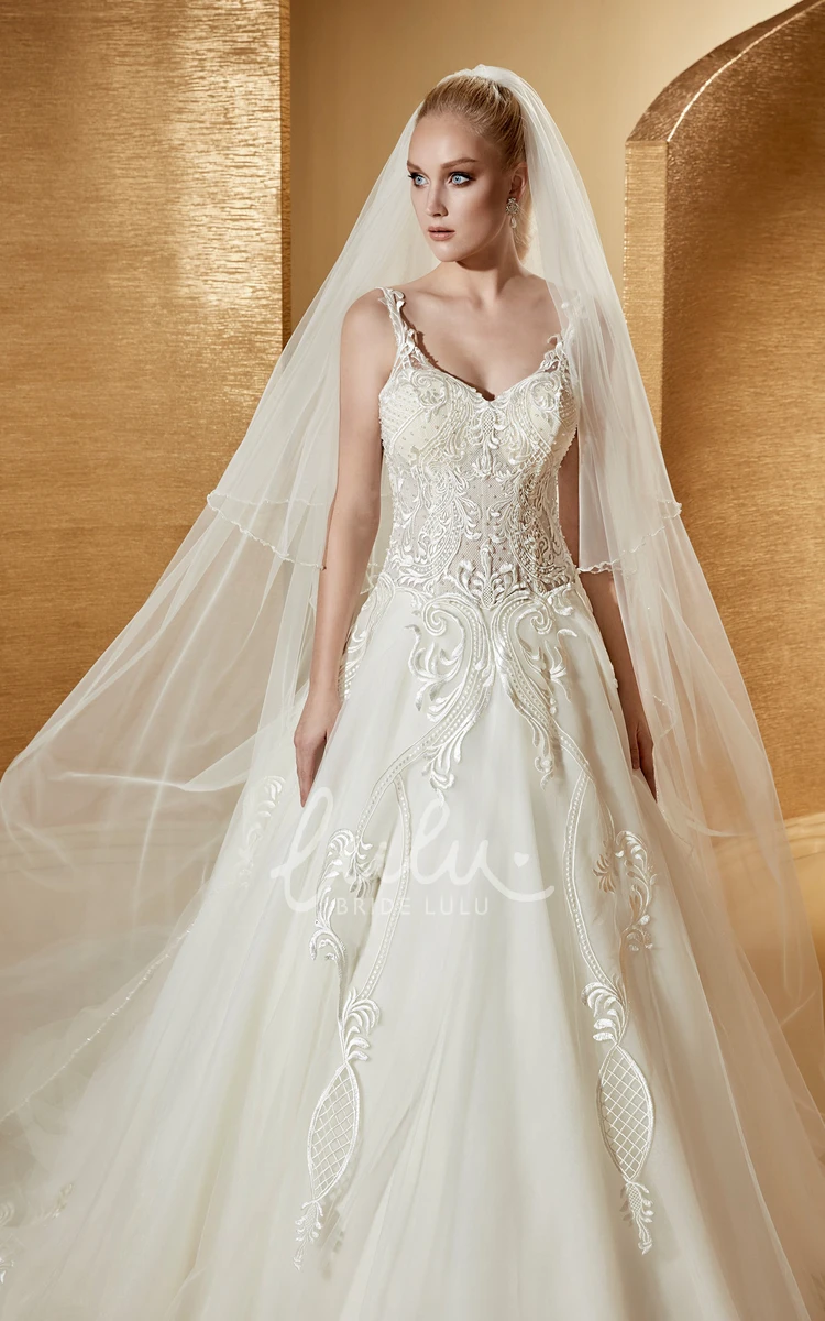 A-Line Wedding Dress with Fine Appliques and Spaghetti Straps