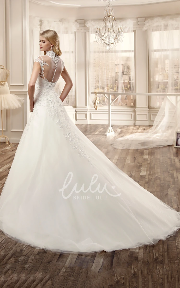 A-Line Wedding Dress with High Neck Appliques and Illusive Neckline/Back