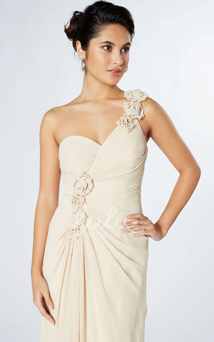 Floral Chiffon One-Shoulder Sheath Bridesmaid Dress Sleeveless