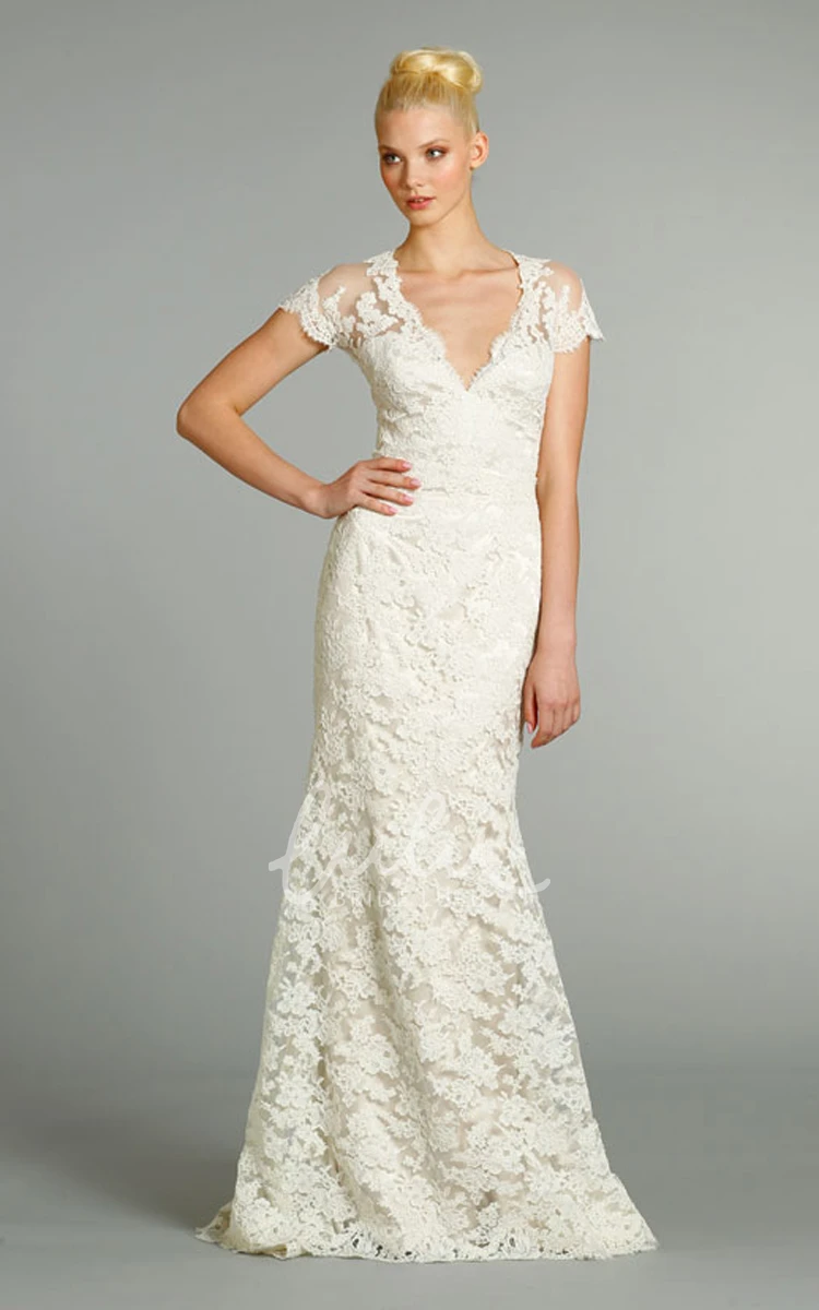 Short Sleeve V-Neck Lace Wedding Dress with Sheer Back Captivating Charmeuse