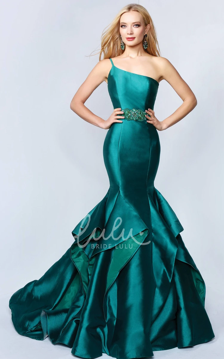 One-Shoulder Sleeveless Satin Trumpet Dress with Draping and Waist Jewelry for Women