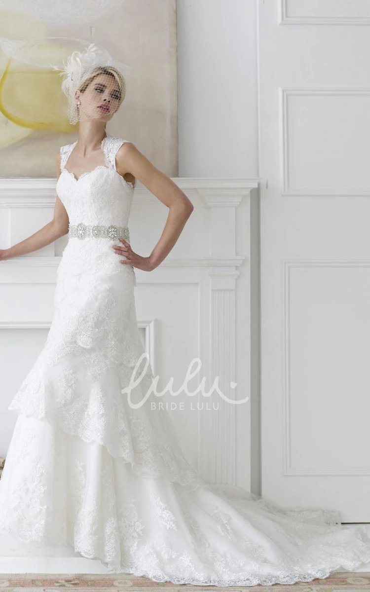 Lace Cap-Sleeve Tiered Wedding Dress with Court Train and Sweetheart Neckline