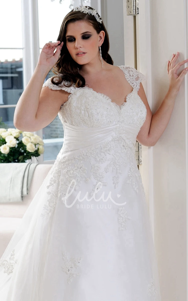 Central Ruched Lace Caped-Sleeve Prom Dress with Plunging Neckline