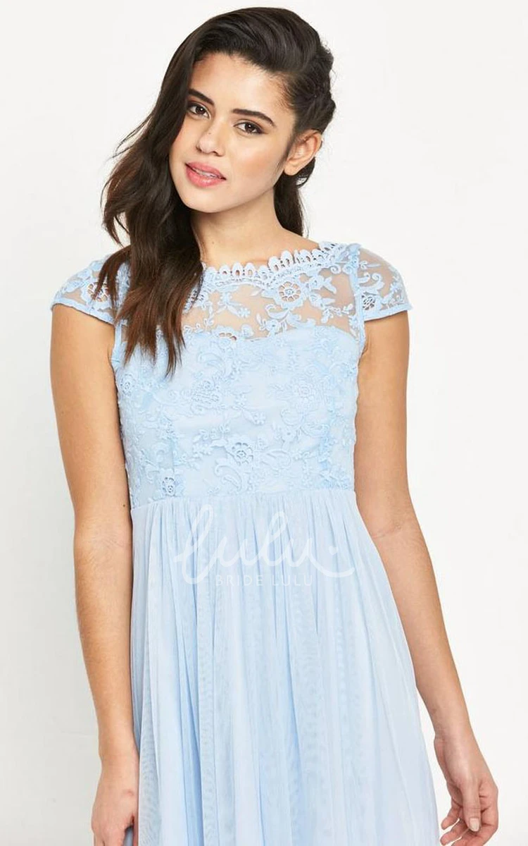 Chiffon Bridesmaid Dress with Appliques Cap Sleeves and Low-V Back