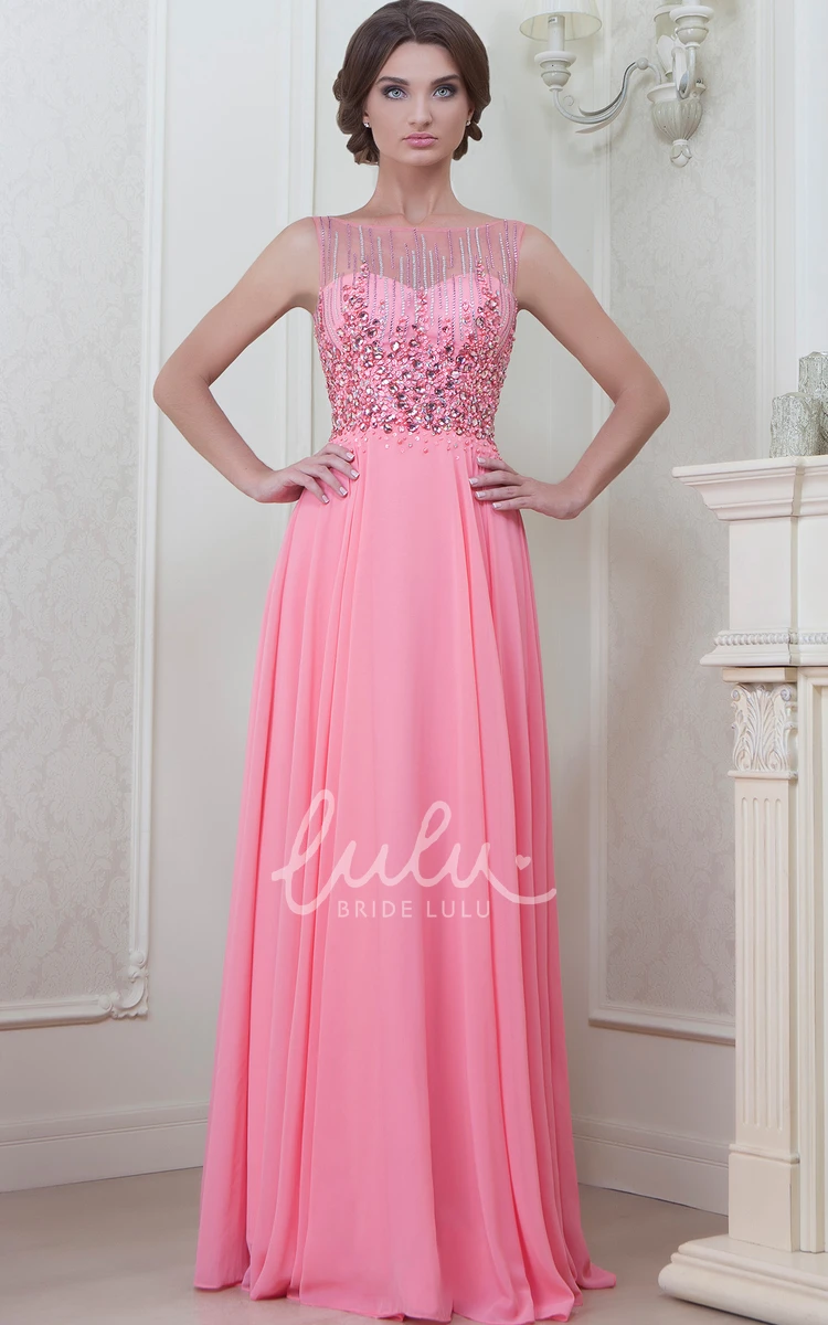 Beaded Jewel-Neck Sleeveless Chiffon Formal Dress A-Line Style