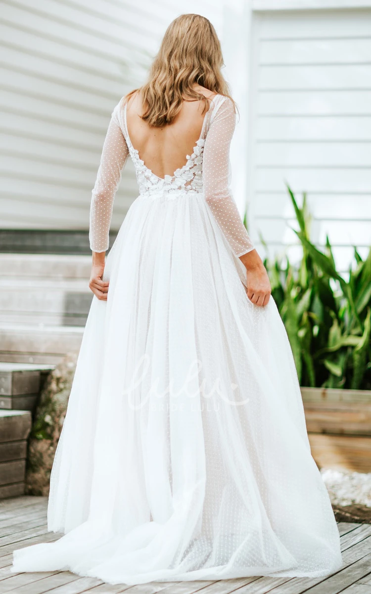 Lace A Line Wedding Dress with Bateau Neckline and Sweep Train
