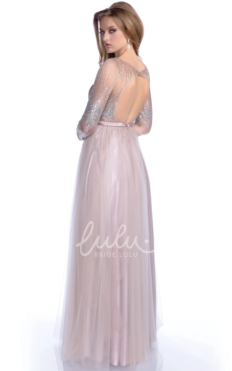 Sequined A-Line Tulle Prom Dress with Long Sleeve Keyhole Back