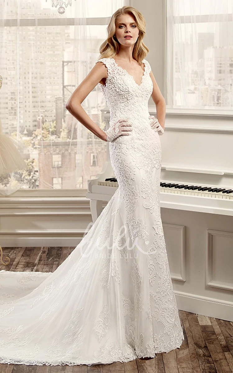 Lace Wedding Dress with Open Back and Court Train V-Neck