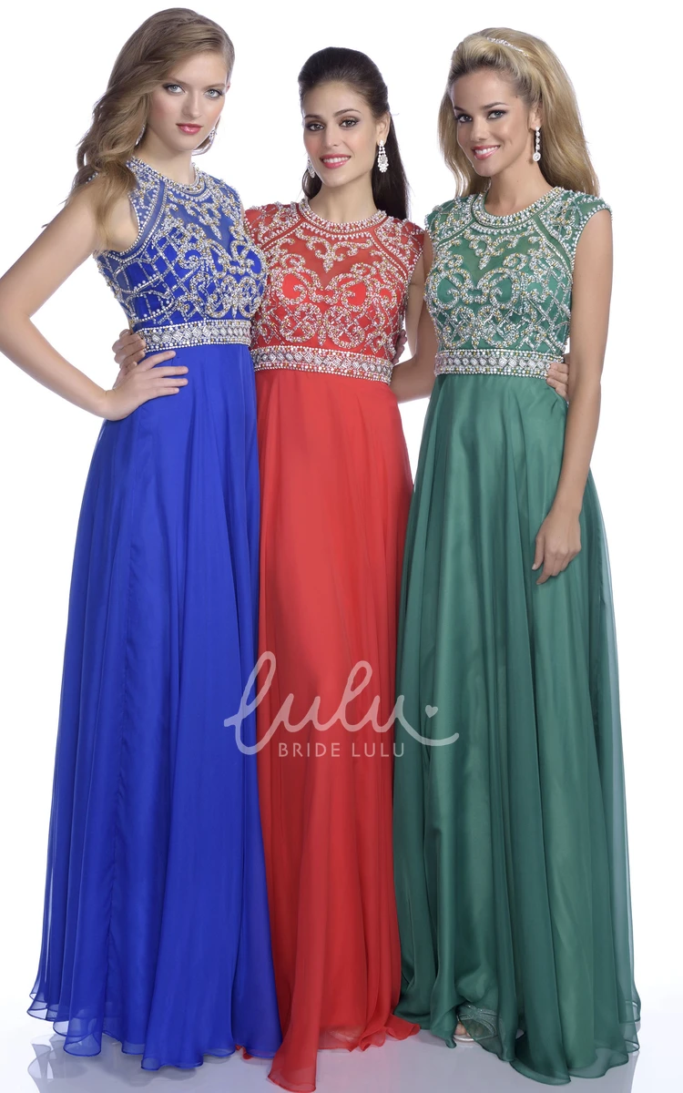 Chiffon A-Line Prom Dress with Cap Sleeves Crystal Bodice and Belt Elegant Bridesmaid Dress