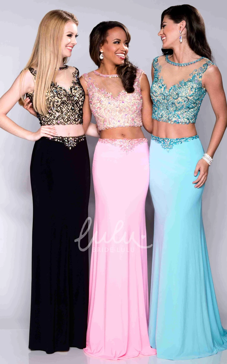 Jeweled Sheath Prom Dress with Sleeveless Jersey Top and Two-Piece Design