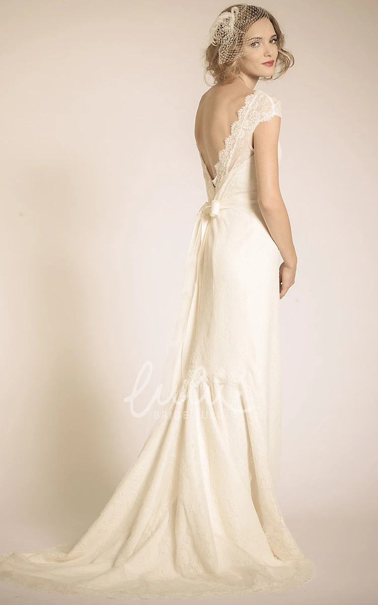 Lace Cap-Sleeve V-Neck Sheath Wedding Dress Floor-Length with Flower and Deep-V Back