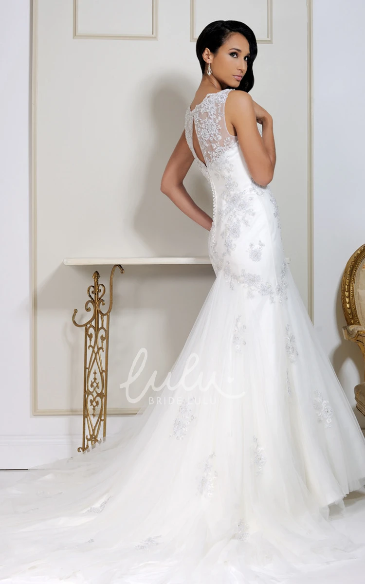 Bateau Appliqued Tulle Wedding Dress with Keyhole and Chapel Train