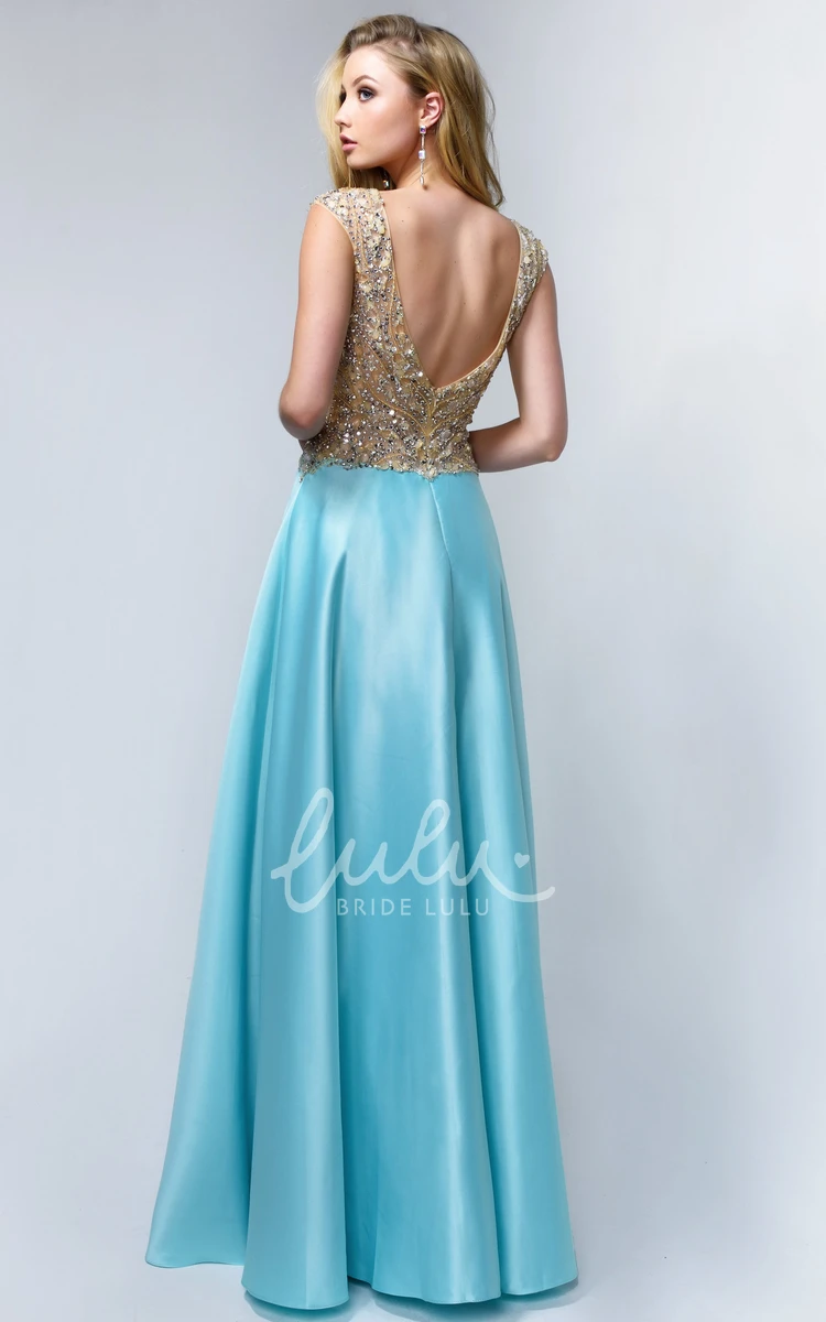 A-Line Satin V-Neck Cap-Sleeve Formal Dress With Beading Low-V Back