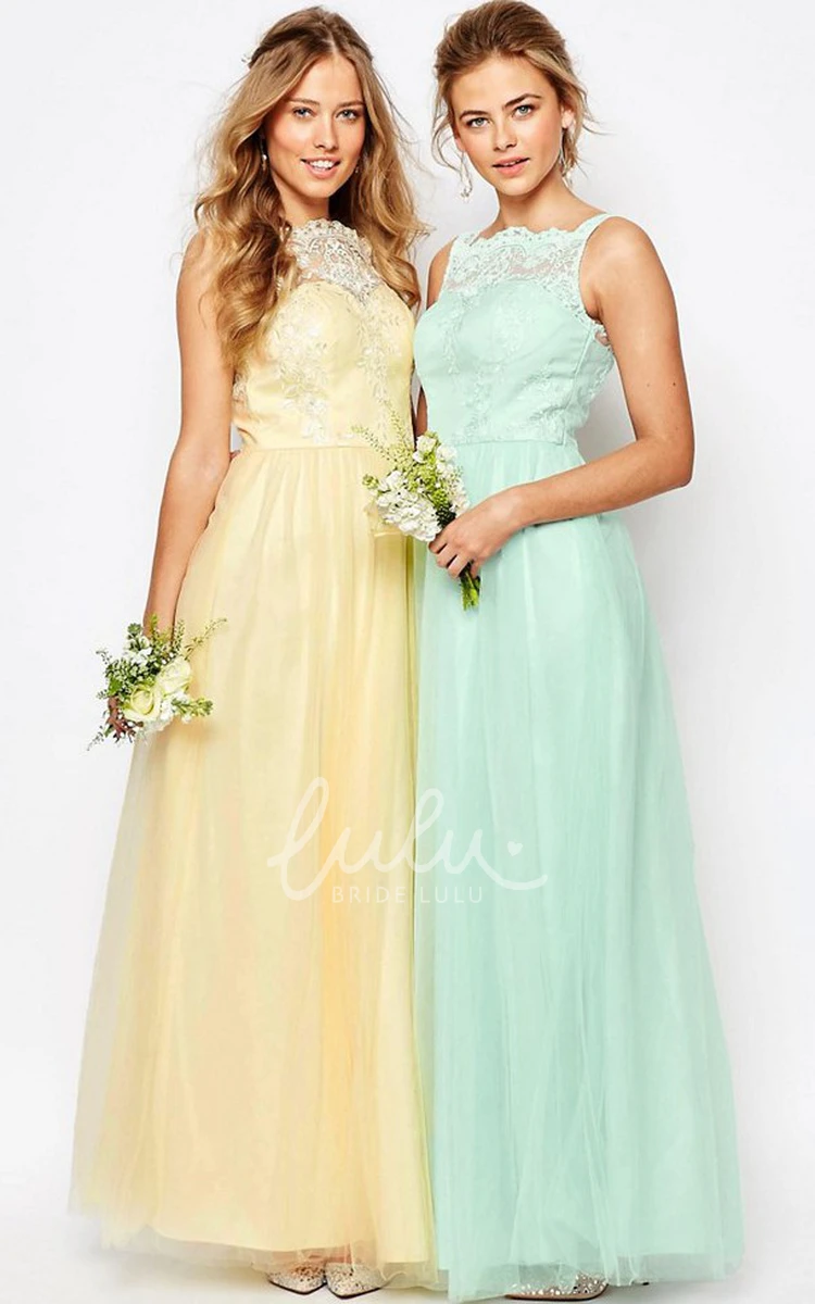 A-Line Lace Tulle Bridesmaid Dress Sleeveless Ankle-Length Bateau Neck