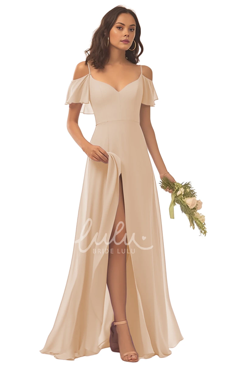 Spaghetti Chiffon Bridesmaid Dress with Split Front Elegant and Modern