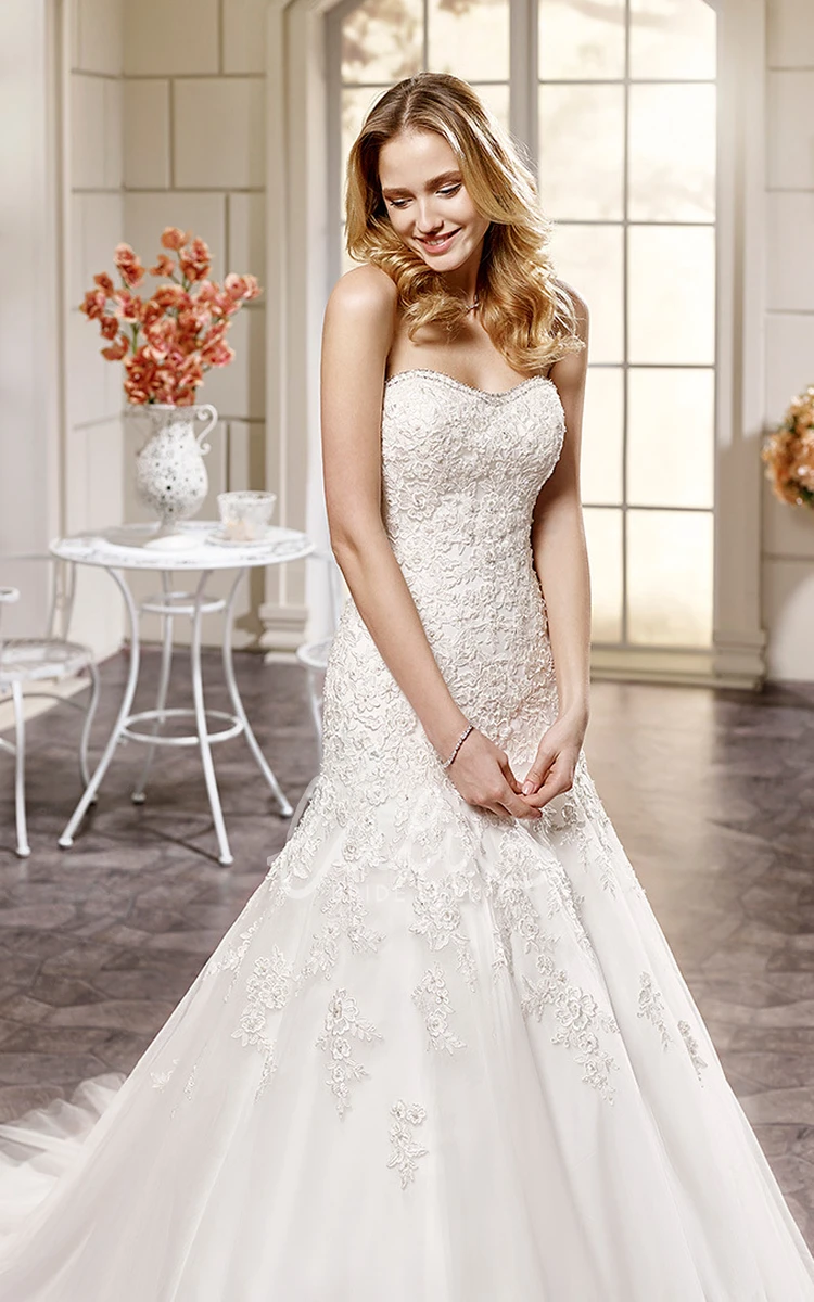 Long Beaded Tulle Trumpet Wedding Dress with Sweetheart Neckline and Appliques