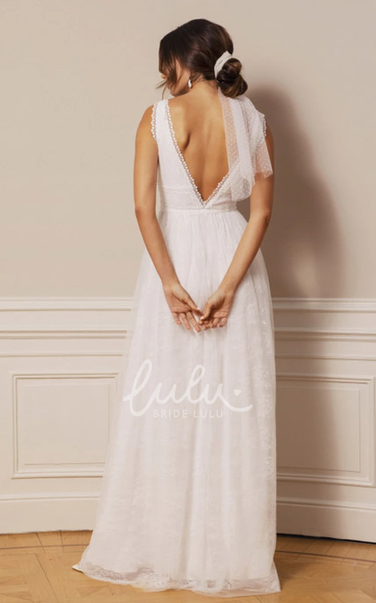 Vintage Lace Tulle Plunging Neckline A-Line Wedding Dress with Deep-V Back