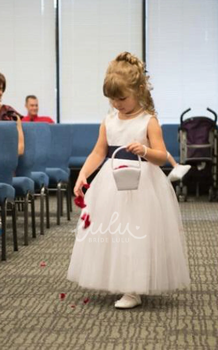 Sleeveless Bowed Tea-Length Flower Girl Dress in Tulle & Satin