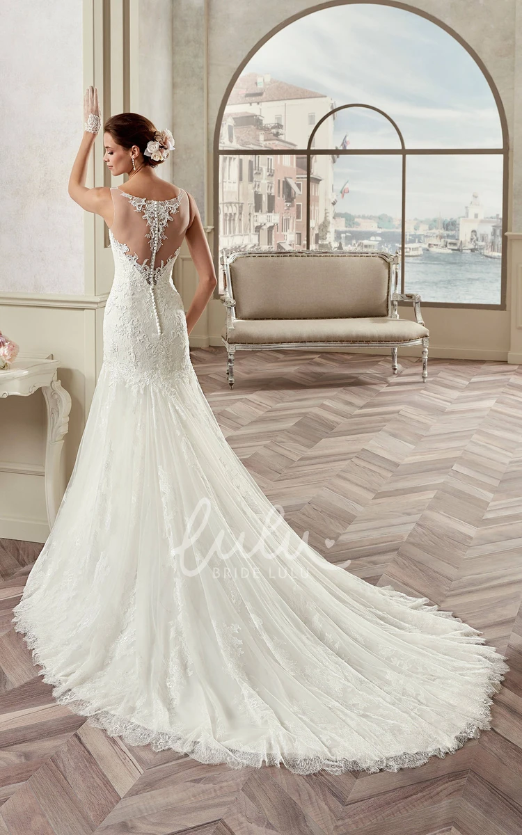 Lace Mermaid Wedding Dress with Jewel Neckline Cap Sleeves and Illusion Design