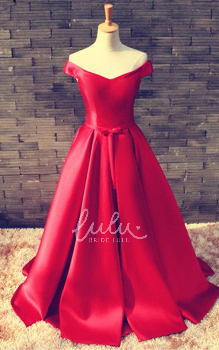 Red Off-the-Shoulder Prom Dress with Bowknot and Lace-up Elegant