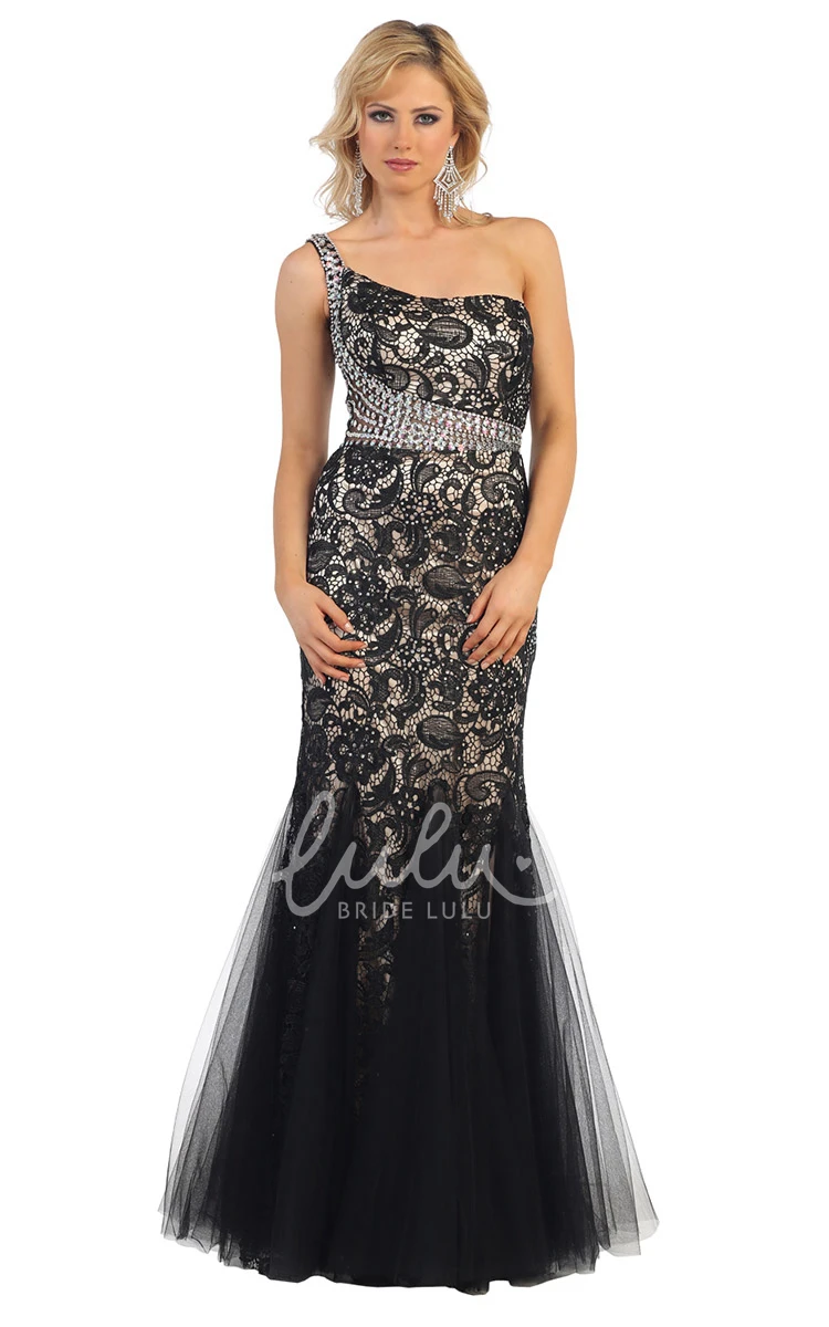 One-Shoulder Sleeveless Tulle Dress with Lace and Beading Mermaid Prom Dress