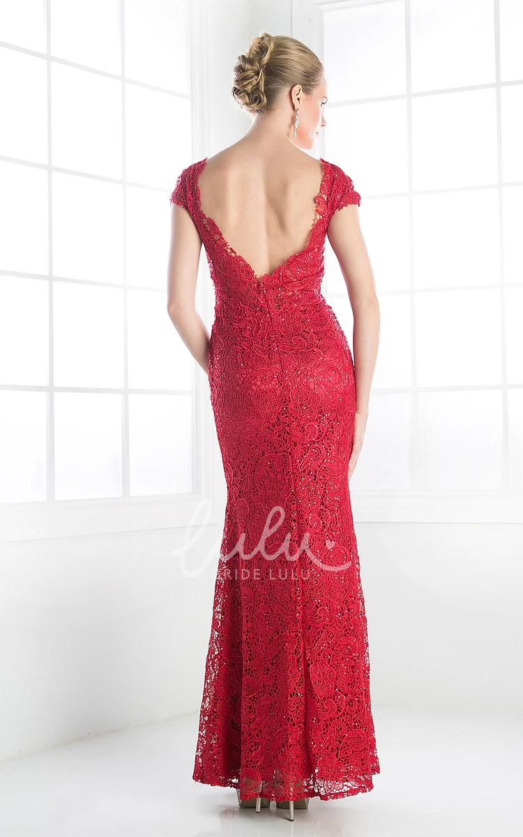Ankle-Length Lace Sheath Dress with Deep-V Back and Beading Formal Dress