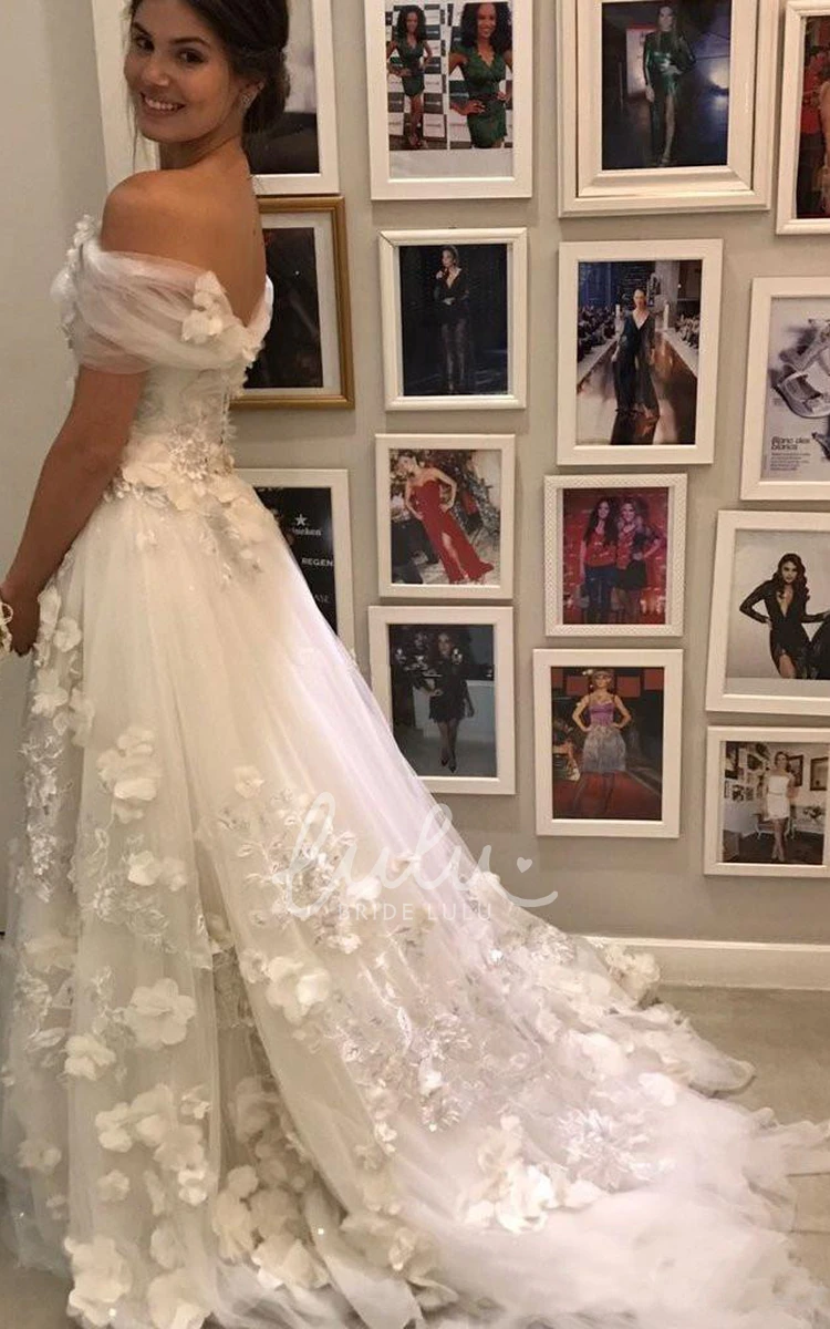 Tulle Off-the-shoulder Cap Sleeve Wedding Dress Romantic Garden Style