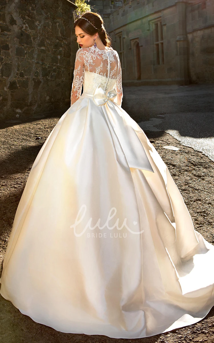 Long V-Neck Ball Gown Wedding Dress with Satin and Bow