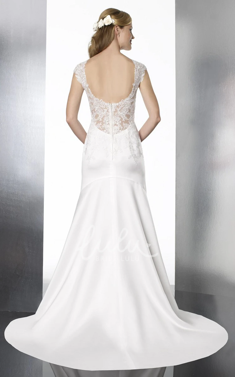 Cap-Sleeve Lace&Satin Wedding Dress with Low V-Back Floor-Length