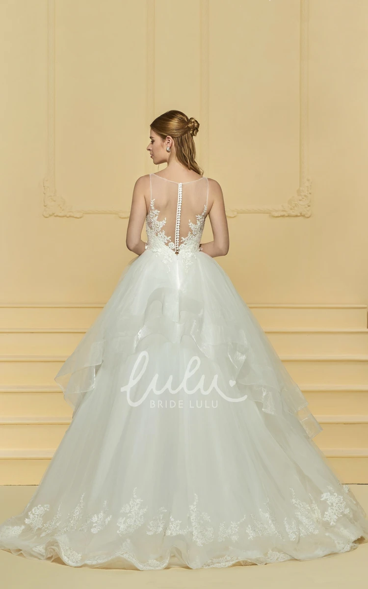 Cute Ruffled Lace Wedding Dress with Illusion Button Back and Sleeveless Design