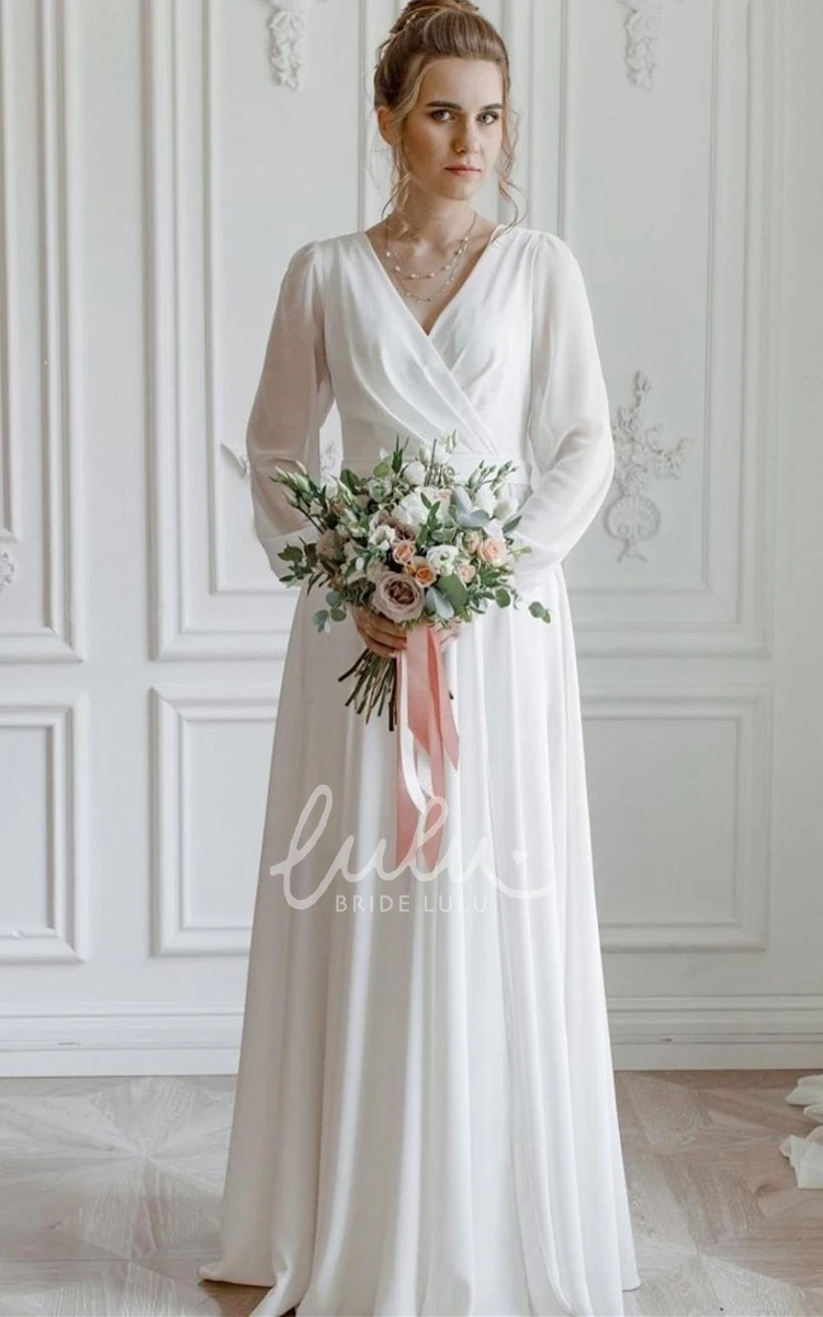 Chiffon V-neck A-line Wedding Dress with Split Front and Sash Elegant Wedding Dress