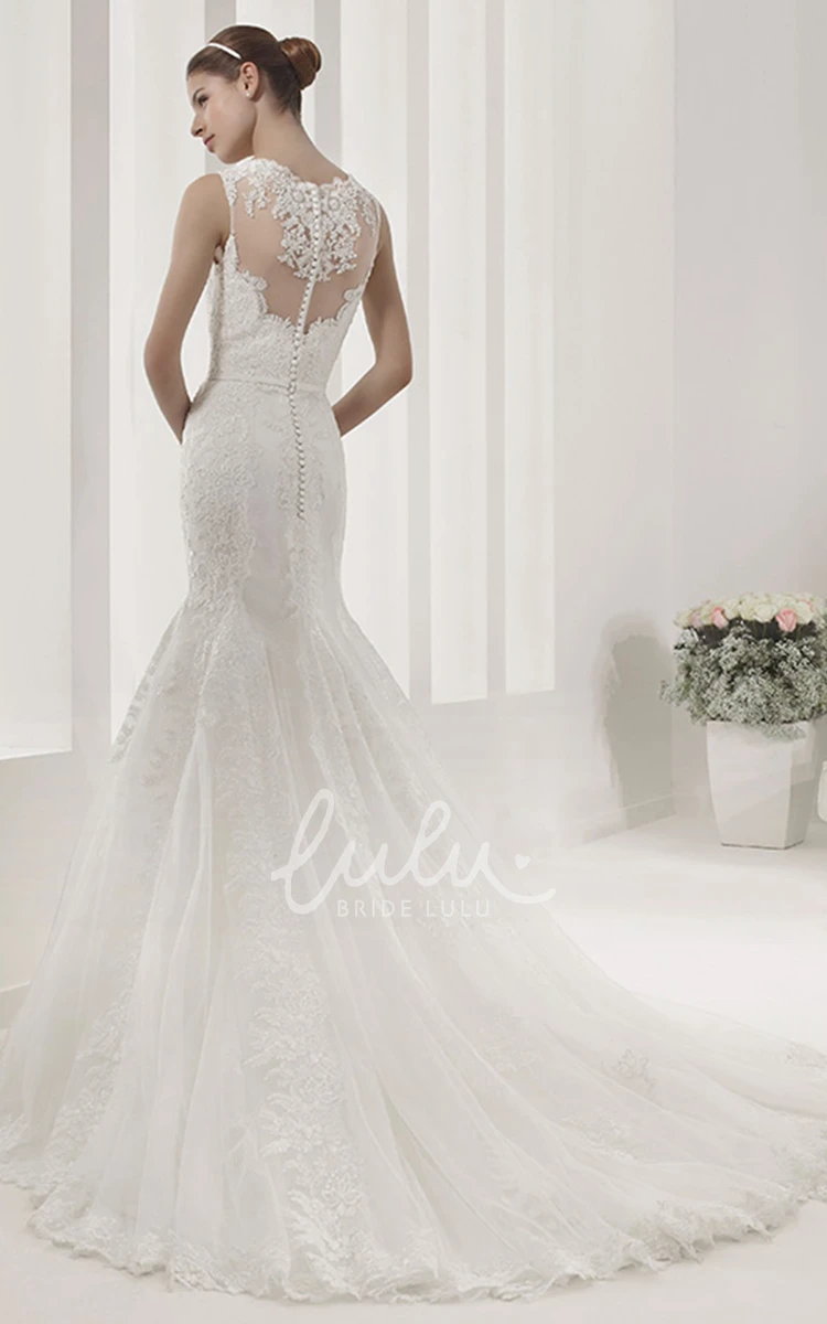 Illusion High Neck Lace Mermaid Dress with Pearl Belt Wedding Dress