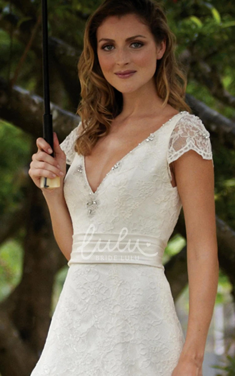 Lace Beaded A-Line Wedding Dress with Cap Sleeves and Court Train