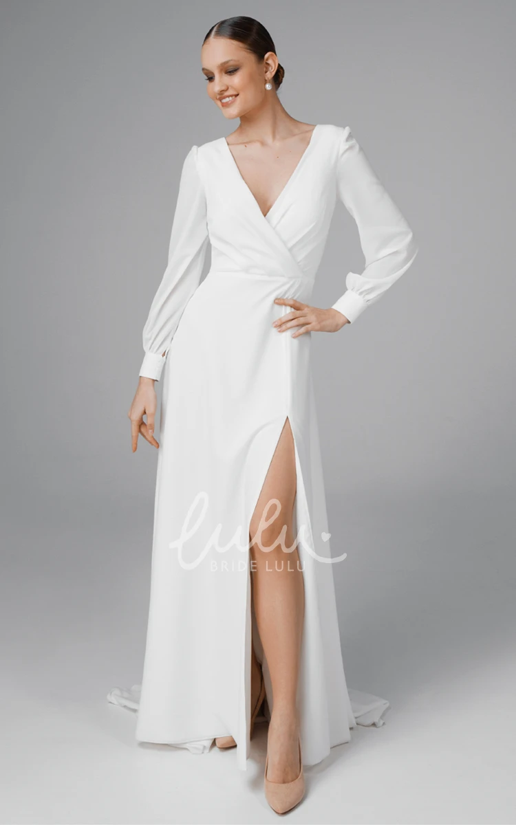 Chiffon A Line Wedding Dress with V-Neckline Split Front and Sweep Train